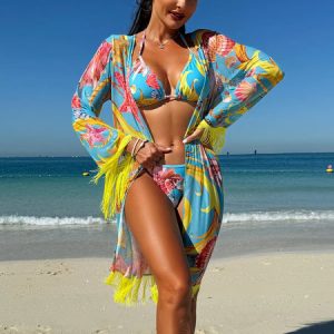 Feely tassel drape three piece swimsuit set
