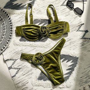 Green flower push up velvet two piece swimsuit