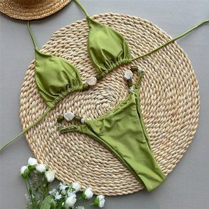 Solid Green Triangle Bead String two piece Swimwear